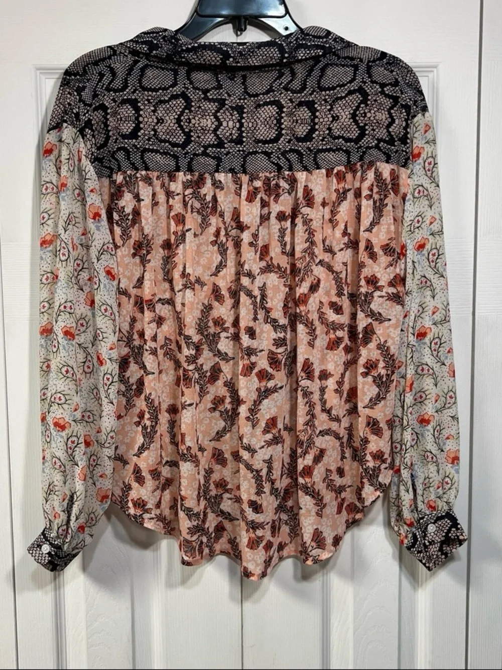 Free People Split-Print Button Front Blouse in Cream and Coral